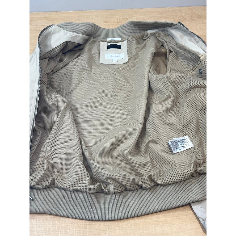 Calvin Klein Genuine Leather Bomber Jacket‎ Beige Mens Size S - Picture 5 of 9
